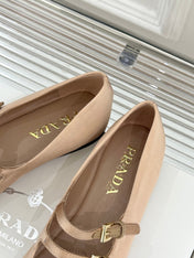 PRADA 25S DOUBLE STRAP BALLERINAS IN NUDE SATIN