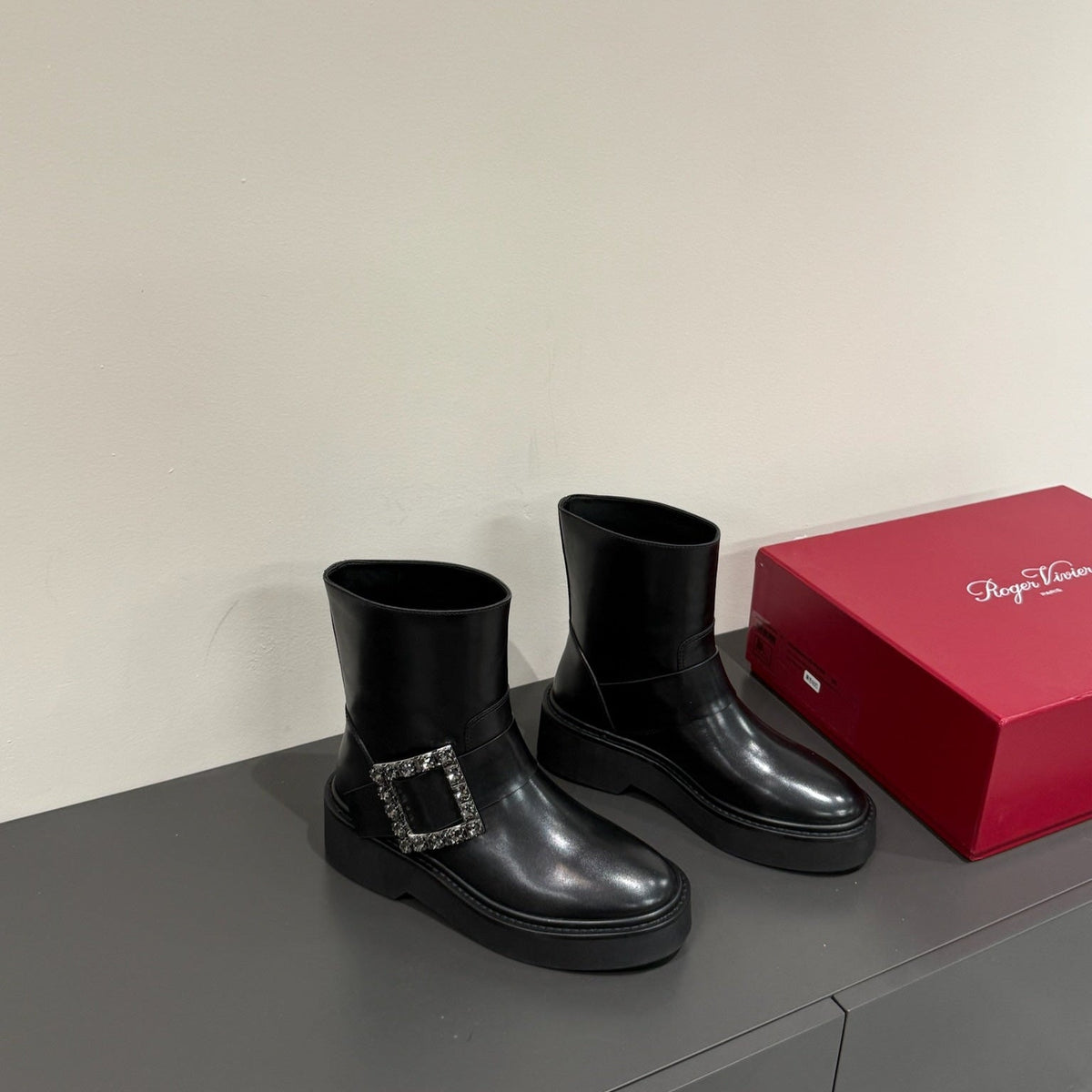 VIV' RANGERS CHELSEA ANKLE BOOTS IN BLACK CALFSKIN WITH BLACK CRYSTAL BUCKLE