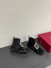 VIV' RANGERS CHELSEA BOOTIES IN GLOSSY BLACK CALFSKIN CRYSTAL BUCKLE