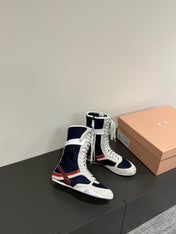 LACE-UP BOOTS IN BEIGE SUEDE AND NAVY MESH