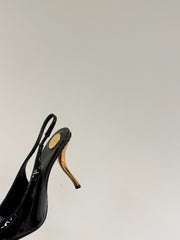 BLACK GEM-STUDDED SLINGBACK PUMPS IN BLACK PATENT CALFSKIN