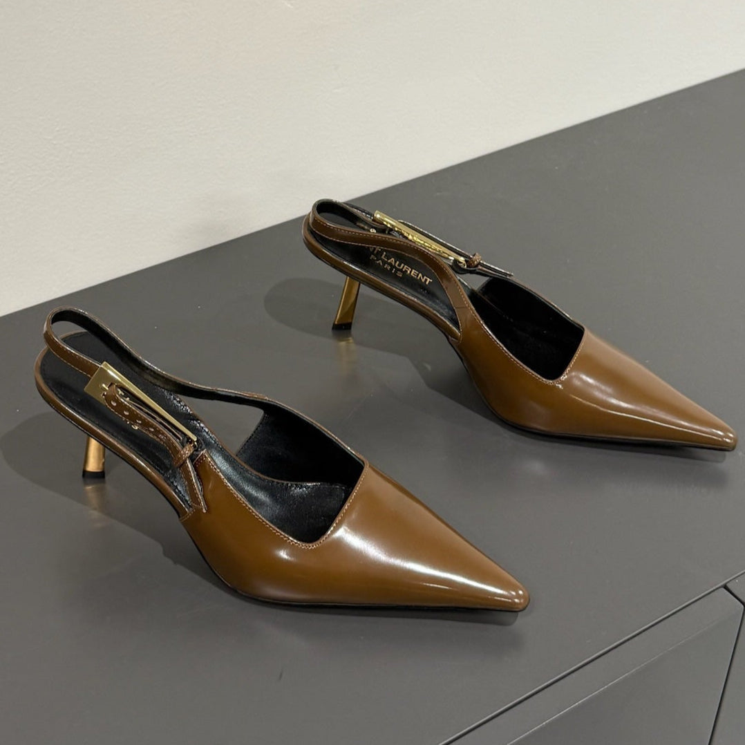 LEE SLINGBACK PUMPS 75 MM IN COFFEE BROWN PATENT CALFSKIN