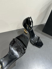 YSL HEELED SANDALS 25S 105 MM IN BLACK GLOSSY LAMBSKIN WITH GOLD HARDWARE