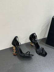 YSL HEELED SANDALS 25S 105 MM IN BLACK GLOSSY LAMBSKIN WITH GOLD HARDWARE