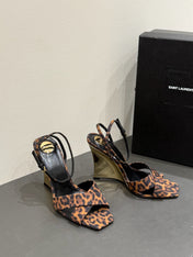 YSL STRAPPY WEDGE SANDALS 25S IN LEOPARD PRINT FABRIC