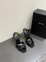 YSL STRAPPY WEDGE SANDALS 25S IN BLACK SATIN