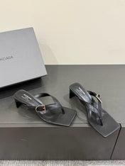 BALENCIAGA 25S HIGH-HEELED FLIP-FLOPS IN BLACK CALFSKIN WITH SILVER HARDWARE