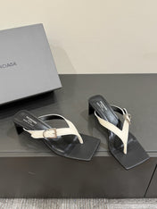 BALENCIAGA 25S HIGH-HEELED FLIP-FLOPS IN WHITE MIX BLACK CALFSKIN WITH SILVER HARDWARE