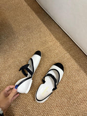 CHANEL 26S MARY JANE SLINGBACK FLATS IN WHITE AND BLACK CALFSKIN CAP TOE RIBBON STRAP
