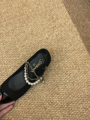CHANEL 26S MARY JANE PEARL STRAP FLATS IN BLACK CALFSKIN