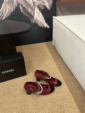 CHANEL 26S MARY JANE PEARL STRAP HIGH HEELS IN BURGUNDY RED CALFSKIN