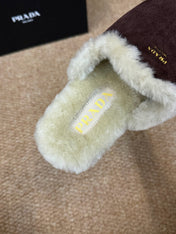PRADA 26S SHEARLING MULE SLIPPERS IN CHOCOLATE BROWN SUEDE