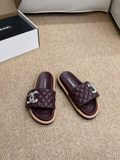 CHANEL 26S SLIDE SANDALS IN BURGUNDY RED QUILTED CALFSKIN SILVER HARDWARE