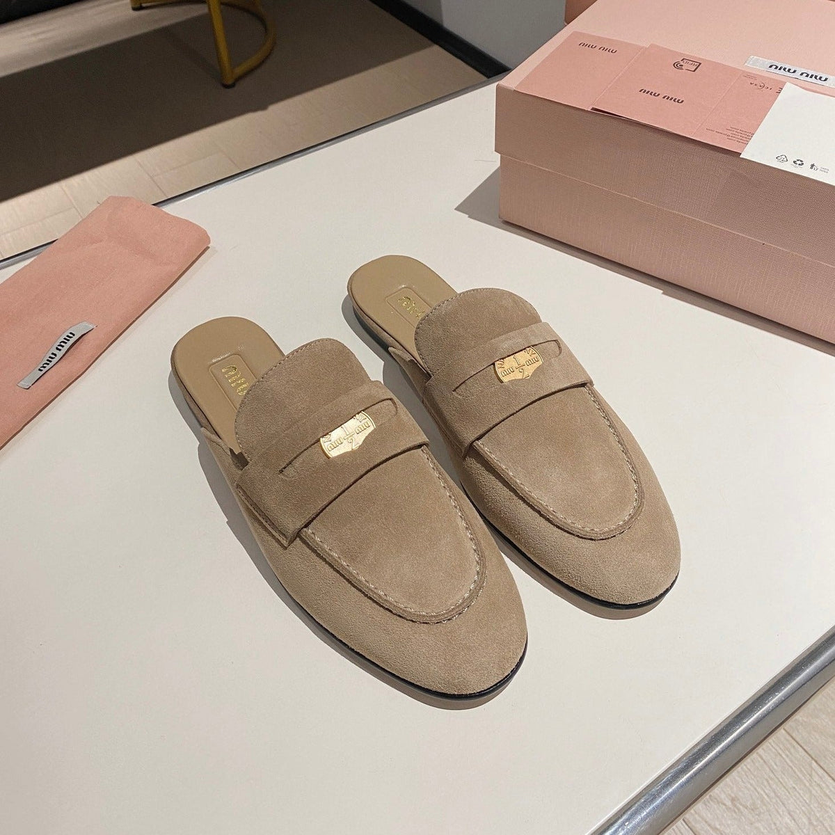 MULES SLIPPERS KHAKI COLOR SUEDE WITH GOLD COIN