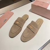 MULES SLIPPERS KHAKI COLOR SUEDE WITH GOLD COIN