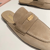 MULES SLIPPERS KHAKI COLOR SUEDE WITH GOLD COIN