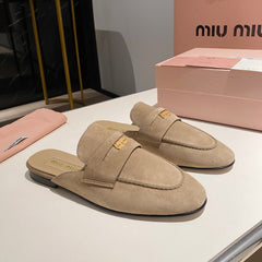 MULES SLIPPERS KHAKI COLOR SUEDE WITH GOLD COIN