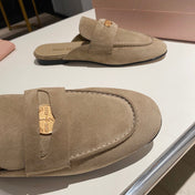 MULES SLIPPERS KHAKI COLOR SUEDE WITH GOLD COIN