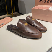 MULES SLIPPERS CHOCOLATE COLOR COWHIDE WITH GOLD COIN