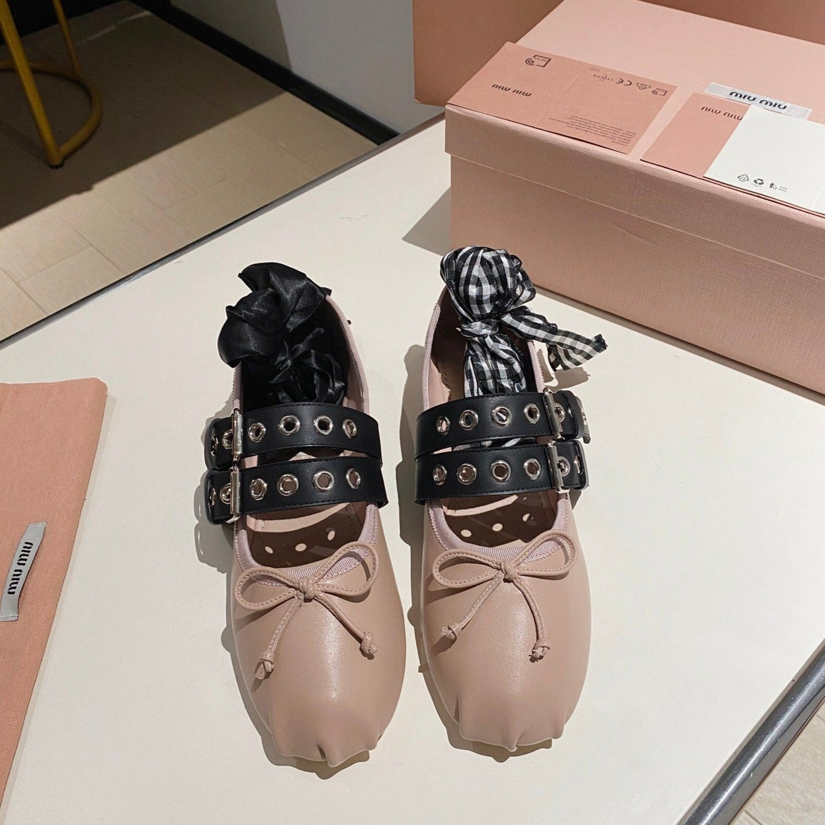 BALLET FLAT SHOES PINK NUDE LAMBSKIN WITH UNIQUE BLACK STRAPS