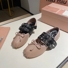 BALLET FLAT SHOES PINK NUDE LAMBSKIN WITH UNIQUE BLACK STRAPS