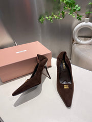 POINTED-TOE HIGH HEEL PUMPS IN CHOCOLATE SUEDE