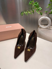 POINTED-TOE HIGH HEEL PUMPS IN CHOCOLATE SUEDE