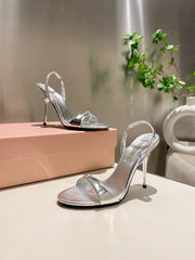 TWO STRAP HIGH HEELED SANDALS IN SILVER METALLIC GLOSSY SHEEPSKIN