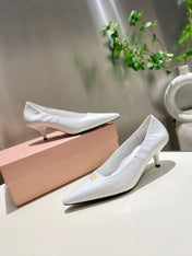 POINTED-TOE MID HEEL PUMPS IN WHITE SMOOTH LAMBSKIN