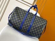 KEEPALL BANDOULIÈRE 50 IN BLUE GREEN DAMIER HERITAGE COATED CANVAS