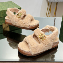 DAD SANDALS IN TAN BEIGE FLEECE WITH GOLD HARDWARE