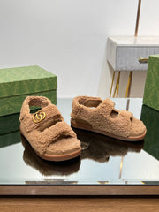 DAD SANDALS IN CIDER BROWN FLEECE WITH GOLD HARDWARE
