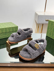 DAD SANDALS IN DARK GRAY FLEECE WITH GOLD HARDWARE