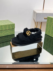 DAD SANDALS IN BLACK FLEECE WITH GOLD HARDWARE