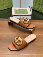 FLAT MULE IN BRONE BROWN CALFSKIN WITH GOLD HARDWARE