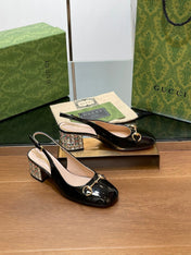 WOMEN'S HORSEBIT SLINGBACK 55MM IN BLACK CALFSKIN WITH RHINSTONES