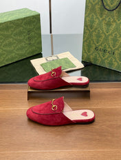 HORSEBIT MULE IN CHERRY RED SUEDE WITH GOLD HARDWARE