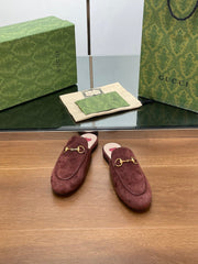 HORSEBIT MULE IN UMBER BROWN SUEDE WITH GOLD HARDWARE