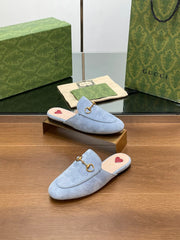 HORSEBIT MULE IN LIGHT BLUE SUEDE WITH GOLD HARDWARE