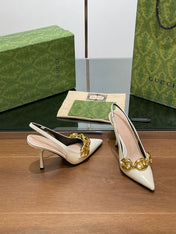 GG HIGH SLINGBACK 10.5 CM IN WHITE GLOSSY CALFSKIN WITH GOLD HARDWARE
