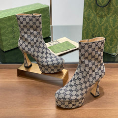 GG SHORT BOOTS 11.5 CM IN BLACK MIX BEIGE MONOGRAM JACQUARD FABRIC