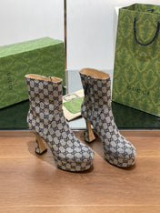 GG SHORT BOOTS 11.5 CM IN BLACK MIX BEIGE MONOGRAM JACQUARD FABRIC
