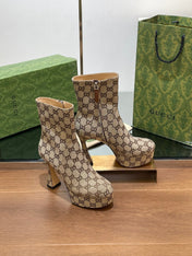 GG SHORT BOOTS 11.5 CM IN CAMEL BROWN MONOGRAM JACQUARD FABRIC