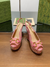 GG WEDGE PLATFORM IN LIGHT PINK MONOGRAM JACQUARD FABRIC