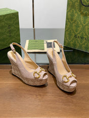GG WEDGE PLATFORM IN ALMOND BEIGE MONOGRAM JACQUARD FABRIC