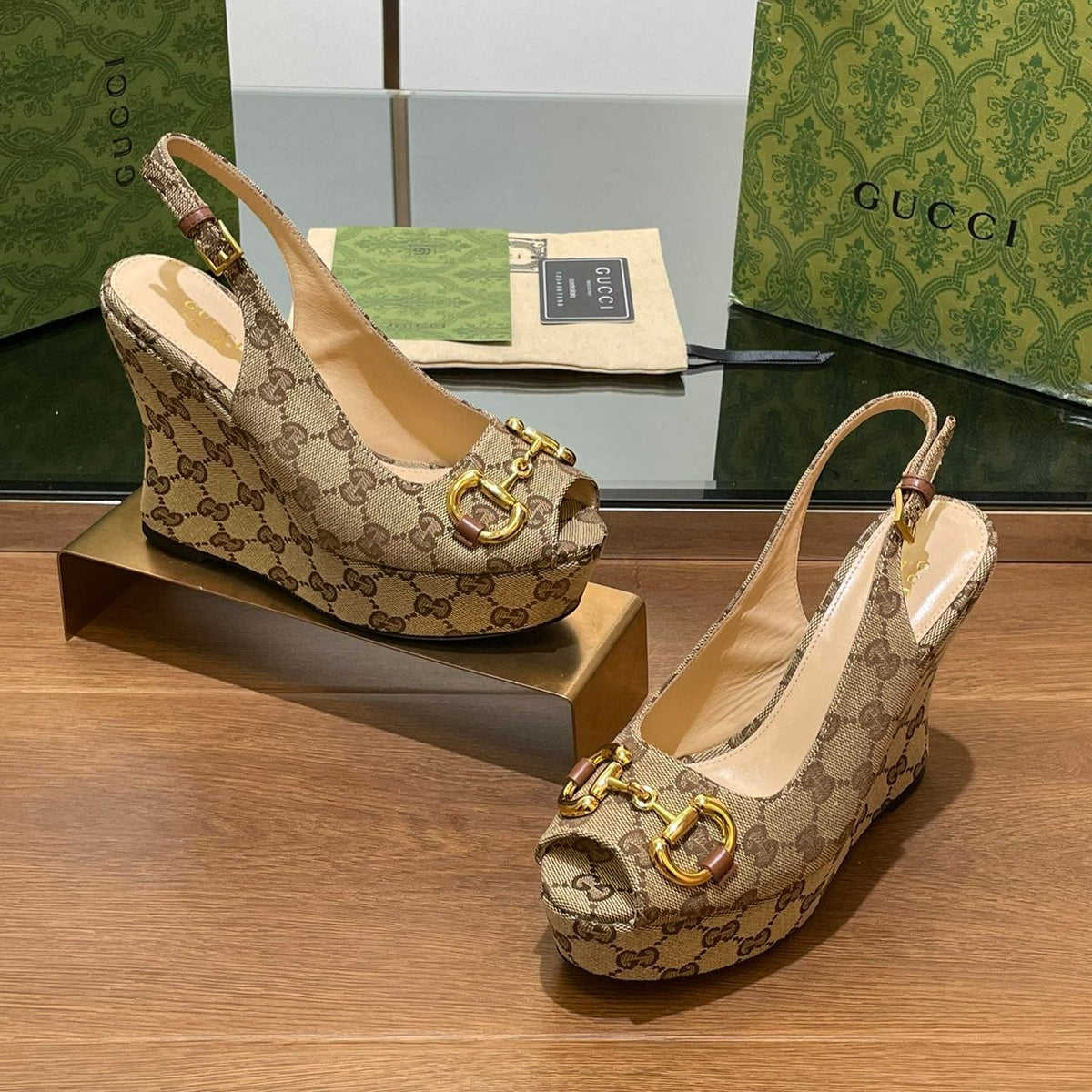 GG WEDGE PLATFORM IN CAMEL BROWN MONOGRAM JACQUARD FABRIC