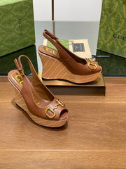 GG WEDGE PLATFORM IN CHOCOLATE BROWN CALFSKIN WITH GOLD HARDWARE