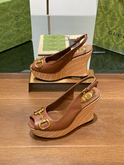 GG WEDGE PLATFORM IN CHOCOLATE BROWN CALFSKIN WITH GOLD HARDWARE