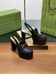 GG WOMEN'S HORSEBIT PLATFORM LOAFER SLINGBACK IN BLACK CALFSKIN