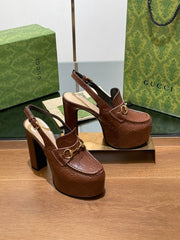 GG WOMEN'S HORSEBIT PLATFORM LOAFER SLINGBACK IN DARK BROWN EMBOSSED CALFSKIN